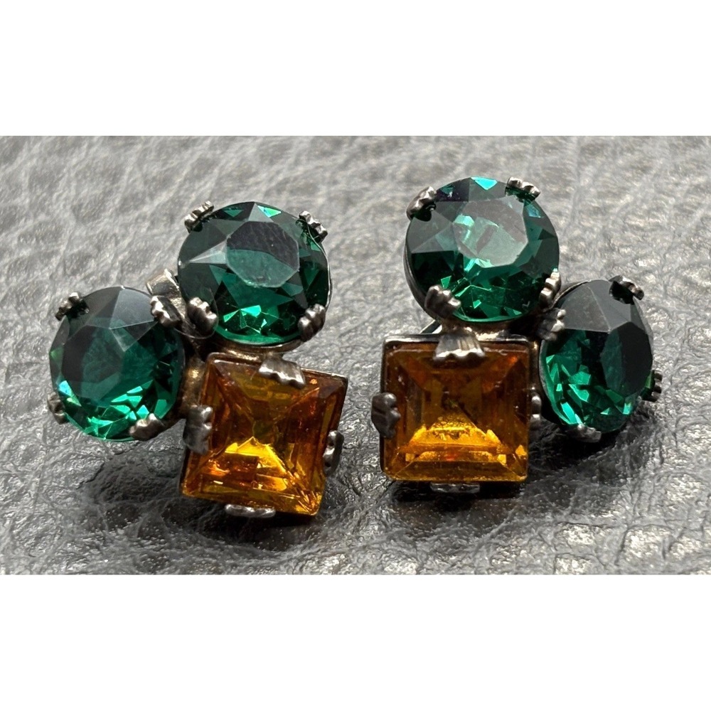 VTG Sterling Silver Green Faux Amber Crystal Rhinestone Quality Clip Earrings